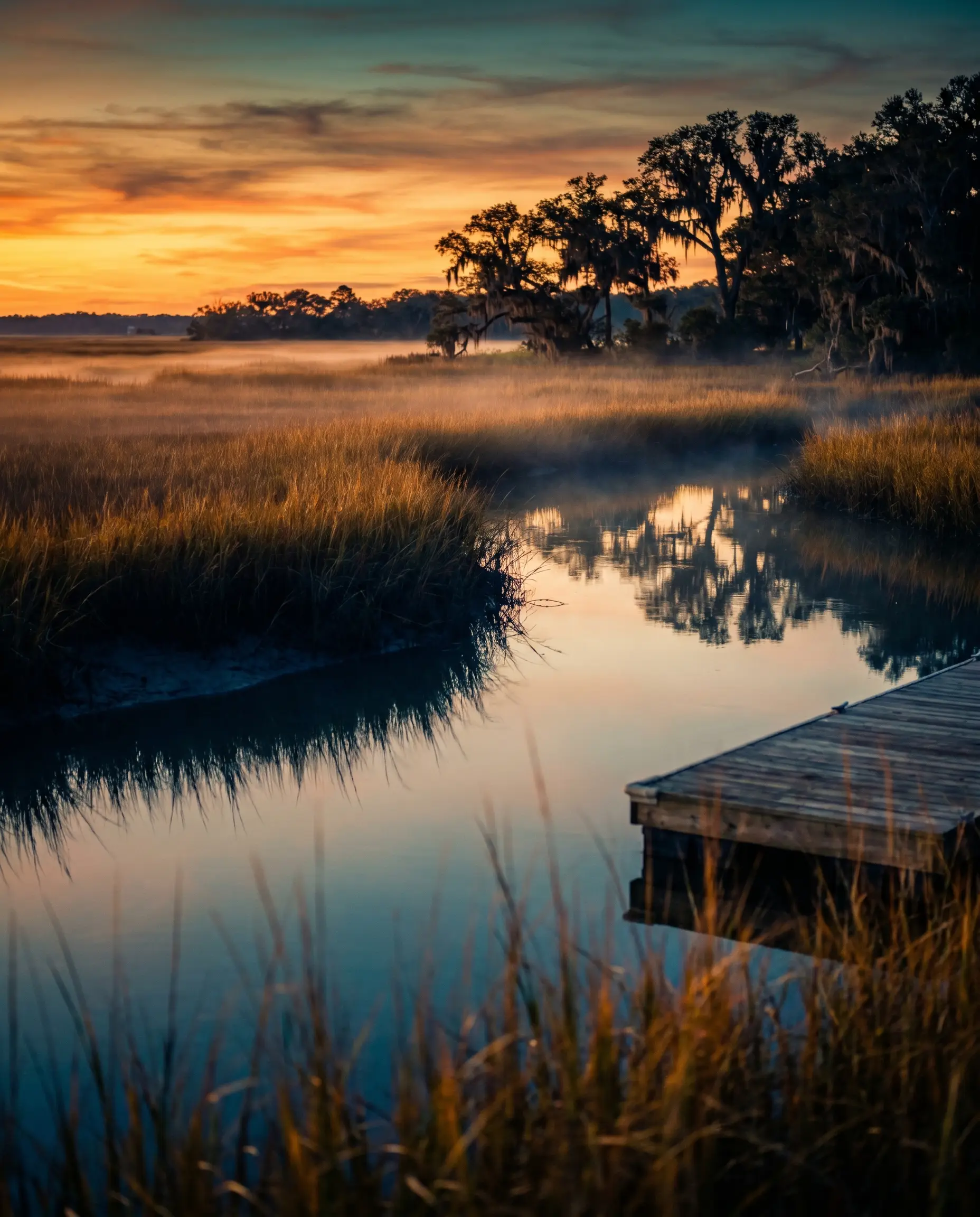 A South Carolina Lowcountry salt marsh at golden-hour dusk — golden spartina grass, a winding tidal creek, and live oaks draped in Spanish moss