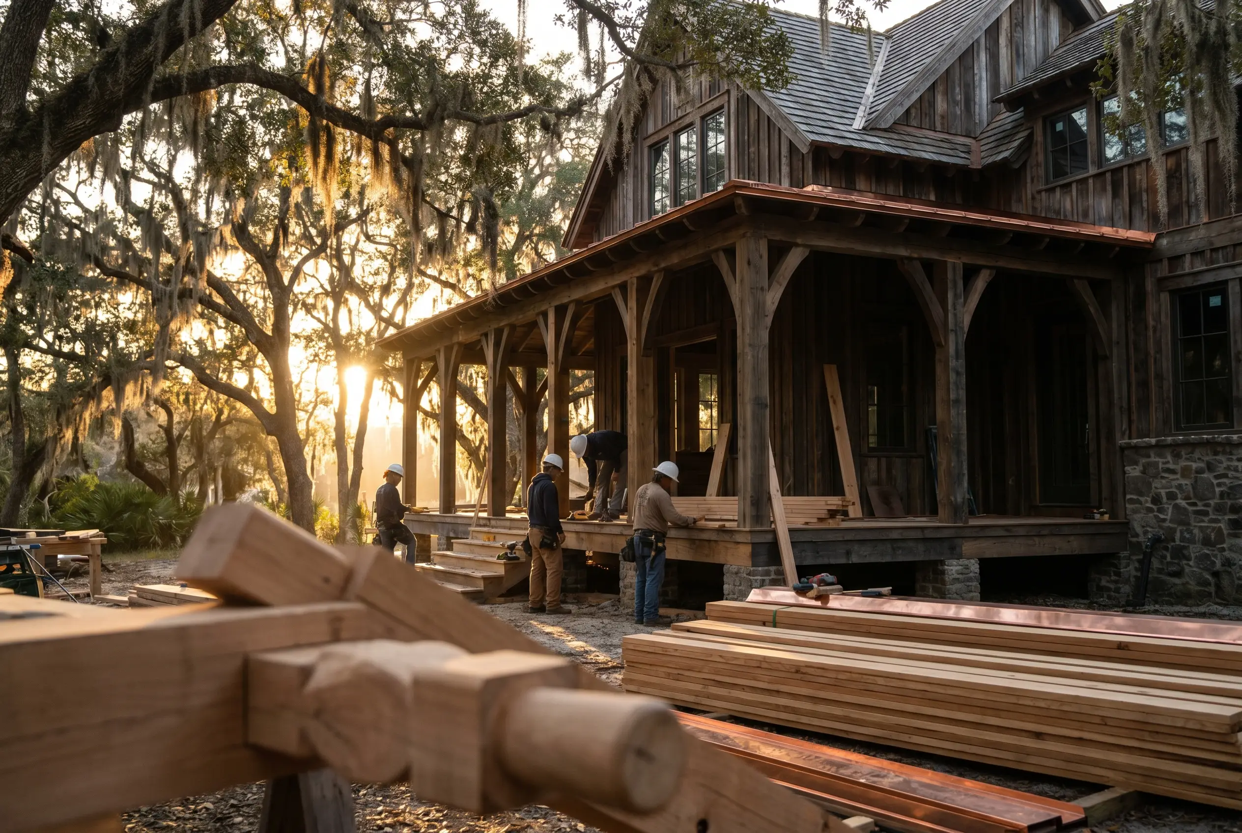 Live Oak Builders crafting a luxury timber-frame coastal home beneath live oaks at golden hour