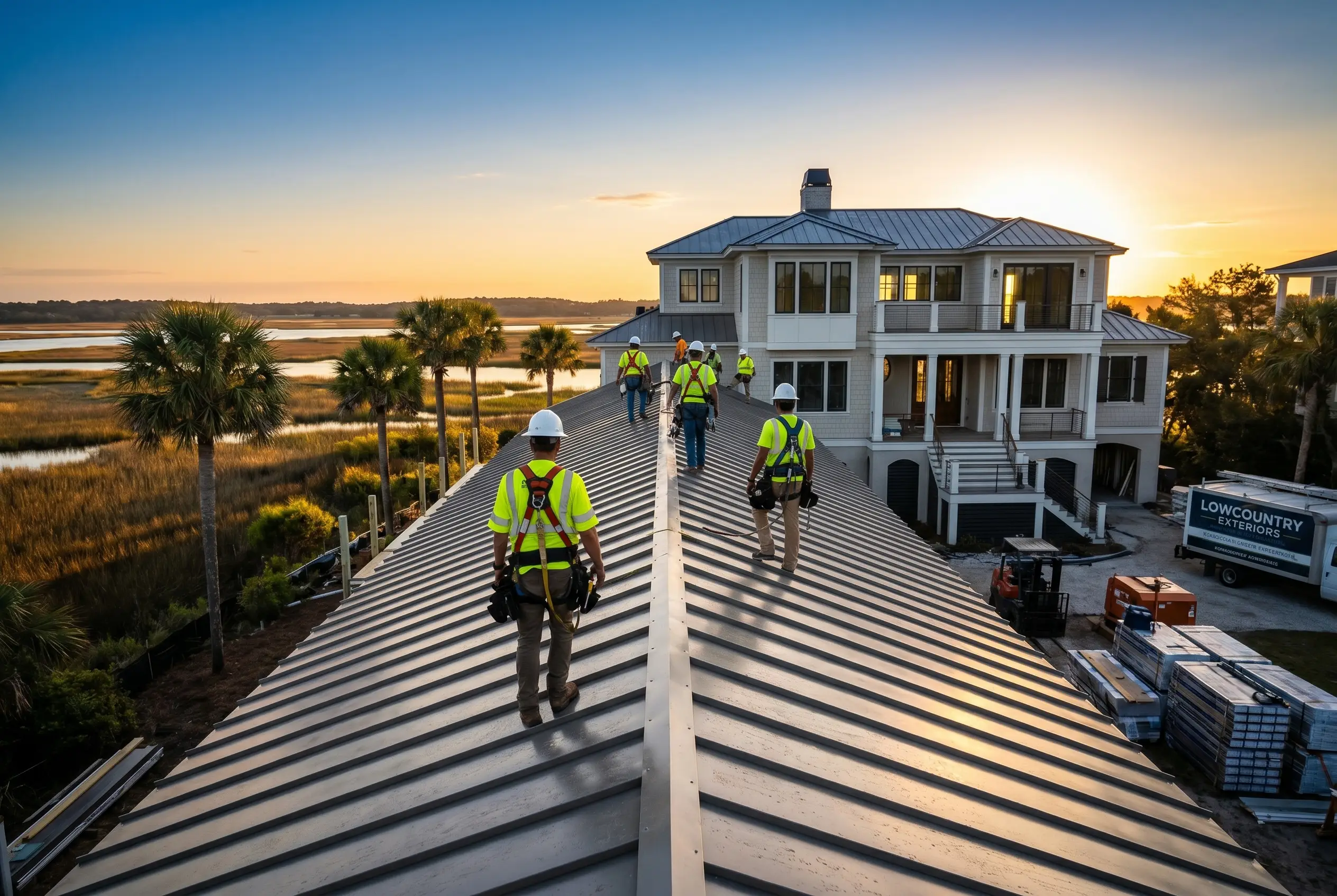 A Tidewater Exteriors crew installing a standing-seam metal roof on a coastal Lowcountry home